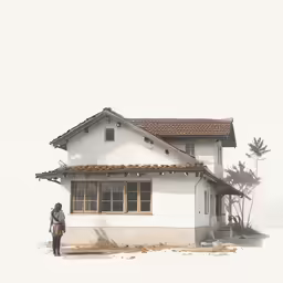 a man walking towards a building with a roof