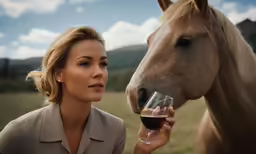 woman is holding wineglass next to horse in field