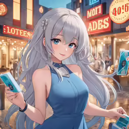 anime female in a blue dress with long gray hair, holding a phone and standing outside shops