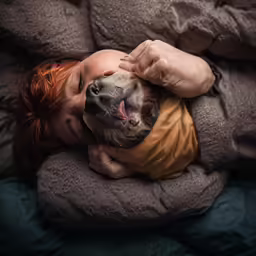 the young child is taking a nap with the dog