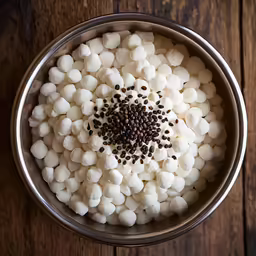 a metal bowl filled with white marshmallows and topped with black pepper