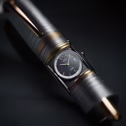 a watch is being held up by a gold metal cylinder