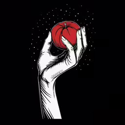 an apple held in a hand against a black background