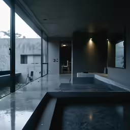 an empty, dark, concreted bathroom features sinks and mirrors