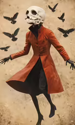 a collage of a person with a skeleton in a coat and birds