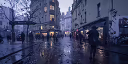 a group of people on a wet street near some buildings