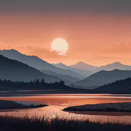 a large lake in the middle of mountains,the sun is setting over some mountains and a body of water