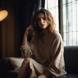 a woman is sitting and posing for the camera
