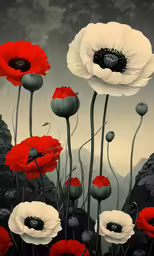 a painting with an artistic background of red, white and black flowers