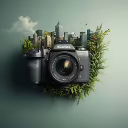a camera with plants in the foreground with a skyline behind it