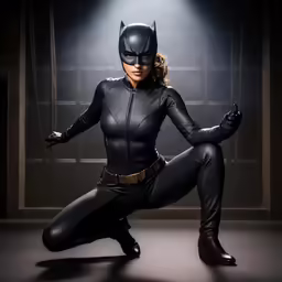 a young woman dressed as catwoman posing for the camera