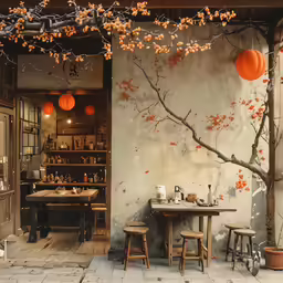 the restaurant has orange paper lanterns hanging from the branches