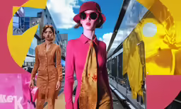 two women are standing outside in front of an abstract pink, yellow, and pink background