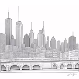pencil drawing of the chicago skyline on paper,a pencil drawing of a city skyline,a drawing of a cityscape with a bridge in the middle,a pencil drawing of a city skyline,a drawing of the chicago skyline with bridge in foreground