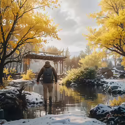a man is walking in the snow near some trees