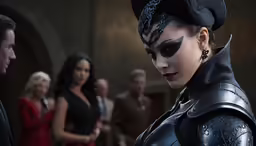 a couple of women in dark costumes standing next to each other