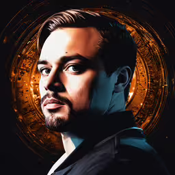 a digital painting of johnny depp in profile,an illustration of a man with a beard standing in front of a circular background