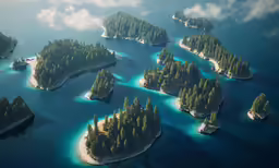 several islands surrounded by trees in a body of water
