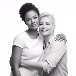 a mother and daughter are hugging for a photo