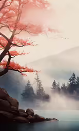 a lone tree is growing from the shore of a body of water