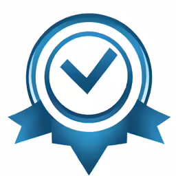 blue certificate ribbon icon with a tick mark