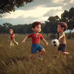 two animated kids holding a soccer ball on a grassy field