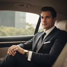 a man in a suit sitting inside of a car
