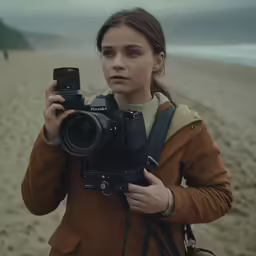 a woman holds a camera to take a photo on the beach