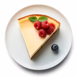 a piece of cheesecake with fresh berries and mint