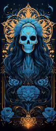 the skeleton in blue has intricate details that make it look like they are floating,the illustration depicts a skull surrounded by ornate images