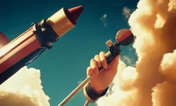 hand holding a microphone in front of clouds