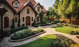 an outdoor front yard with landscaping and plants
