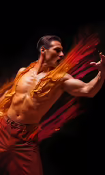 a male figure wearing red and orange with his hands outstretched
