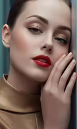 a model with long blonde hair, wearing a gold turtle neck top, and red lipstick