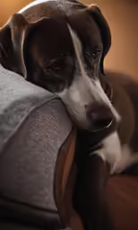 the brown dog is laying down on the couch