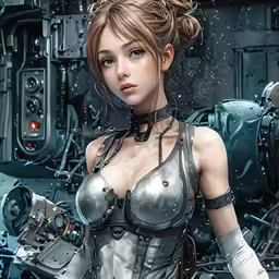 a woman in costume is holding some machinery
