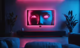 an illuminated room has a blue and pink light on it