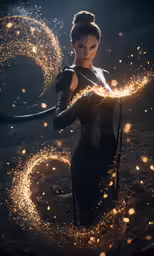 a woman is holding a wand with fire sparkles