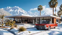 a large red vintage truck parked outside of a mountain home