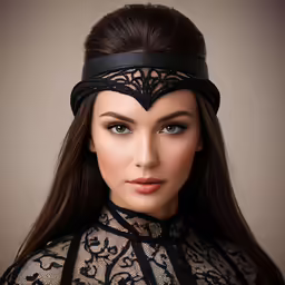 a beautiful woman with long hair wearing a lace head piece