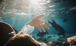 someone is diving and reaching up at some fish in the water