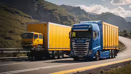 two trucks driving on the road with mountains in the background,a truck driving next to another truck on a highway