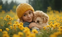 a pretty young woman laying down with her dog in a field