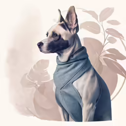 a dog wearing a blue sweater is sitting