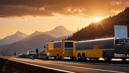 yellow trucks driving down a highway at sunset,two trucks on highway with mountains in background