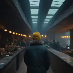 a person stands in a long bar