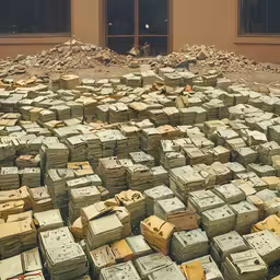 a pile of cardboard boxes next to a building,a large amount of boxes with their lids out