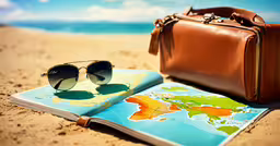 a travel book and sunglasses on the beach,sunglasses and a travel book on a beach