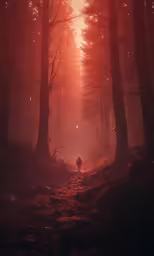 a person standing in a red, foggy forest at sunset