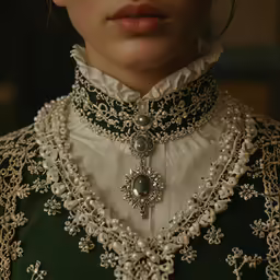 a model wearing elaborate necklaces and a dress